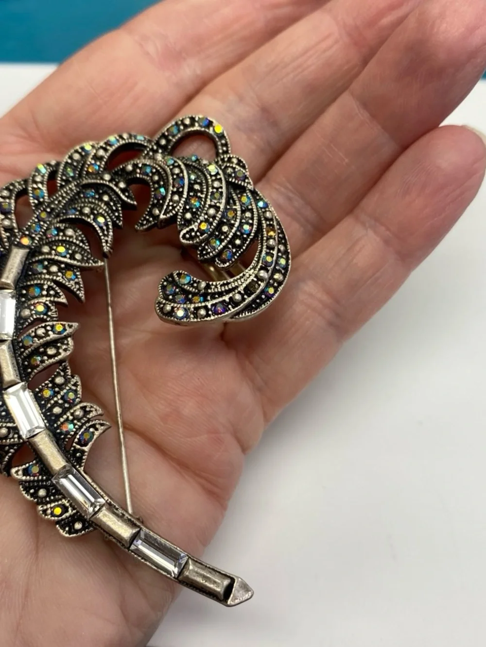 Vintage-Inspired Silver Tone Aurora Borealis Feather Brooch